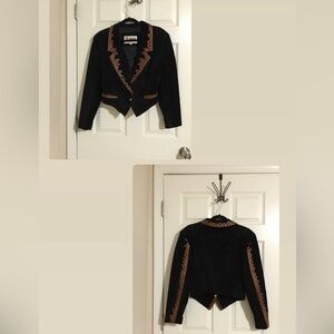 Women's Black Leather Jacket with Brown Trim - Sculpted Western-Inspired Design